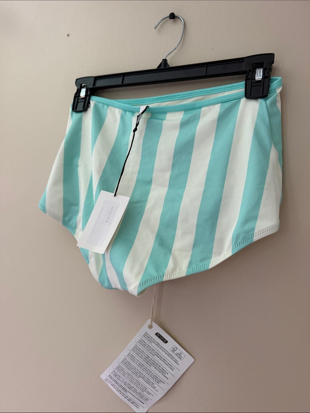 SOLID & STRIPED High-Waist Stripe Swim Shorts - Aqua & White